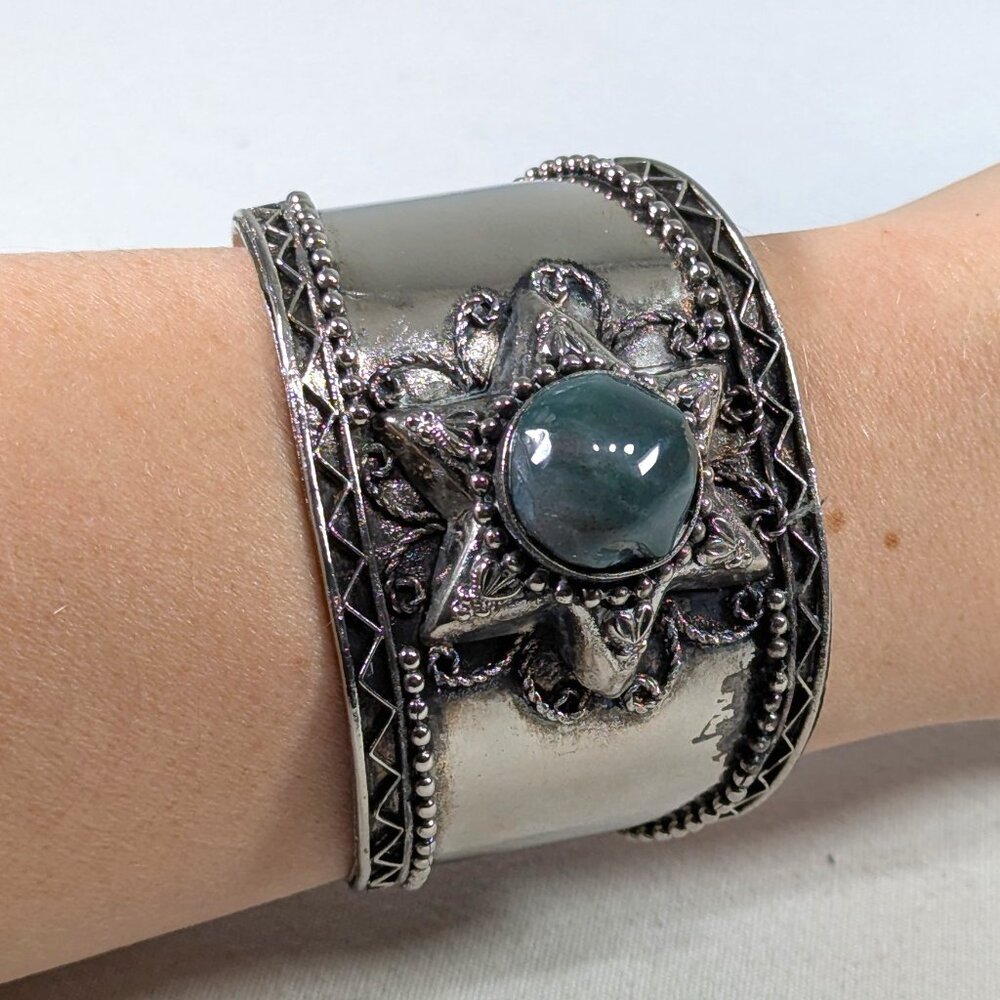 Chunky handmade cuff bracelet with green stone inset